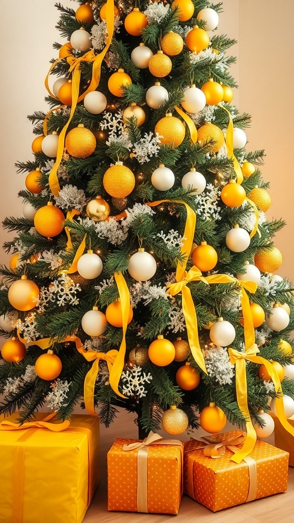 A Christmas tree decorated with yellow and white ornaments and lights, surrounded by gifts.